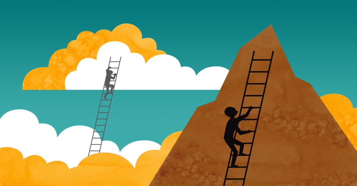Illustration of two people climbing ladders. One on a mountain, the other in the sky.