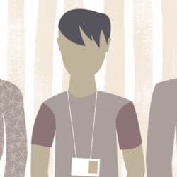 Illustration of three people with staff badges on their necks.