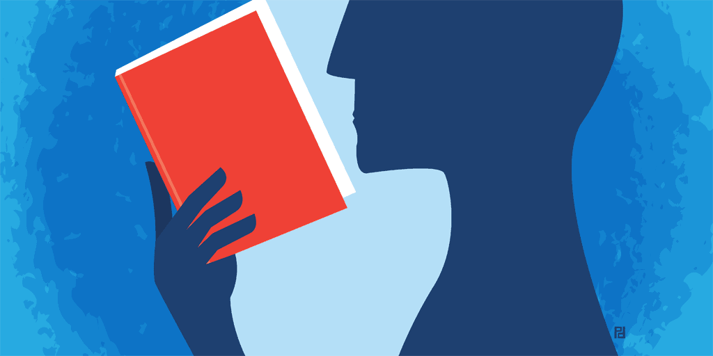 Illustration of a human silhouette holding a red book