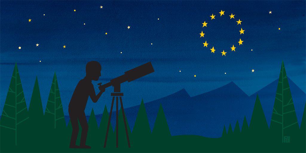 Illustration of a human looking at the EU logo through a telescope