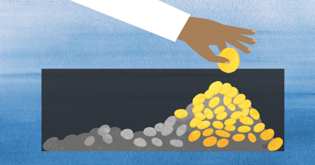Illustration of a hand adding a coin to a pile