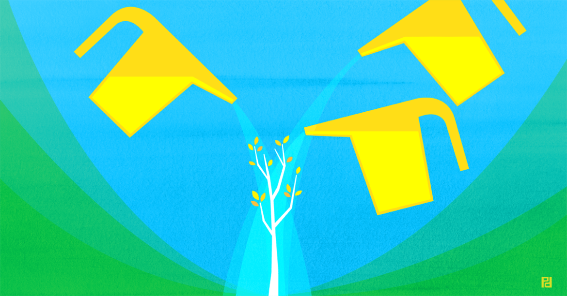 Illustration of three yellow watering cans pouring water onto a small tree