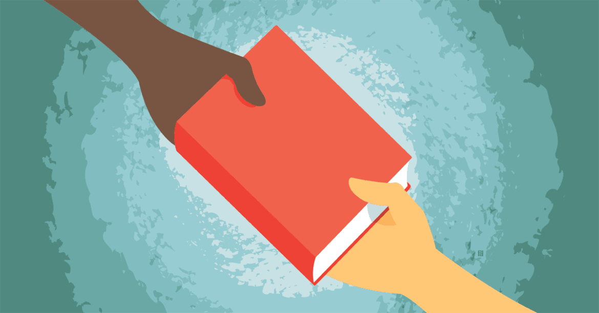 Illustration two hands of different skill colours holding a red book