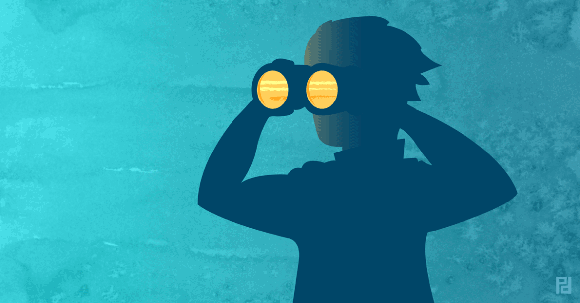 Illustration of a human looking through binoculars