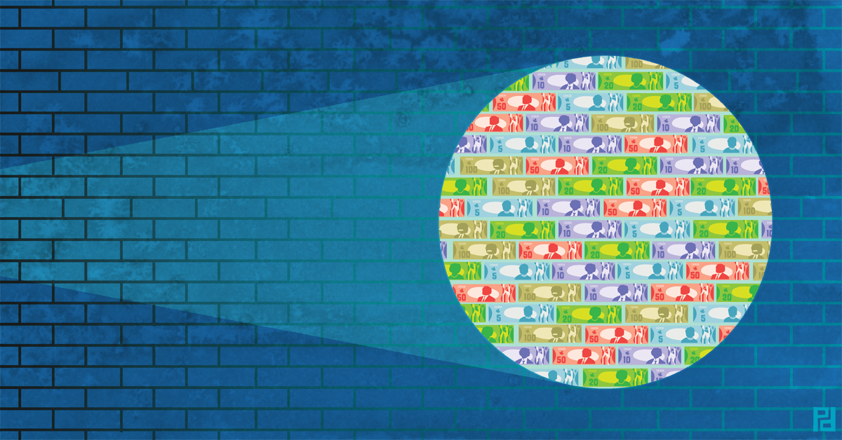 Illustration of a flashlight showing many colourful bills