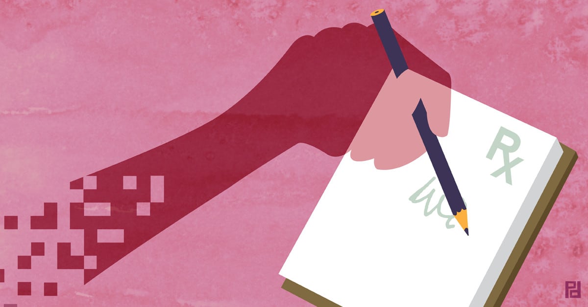Illustration of a hand writing out a perscription