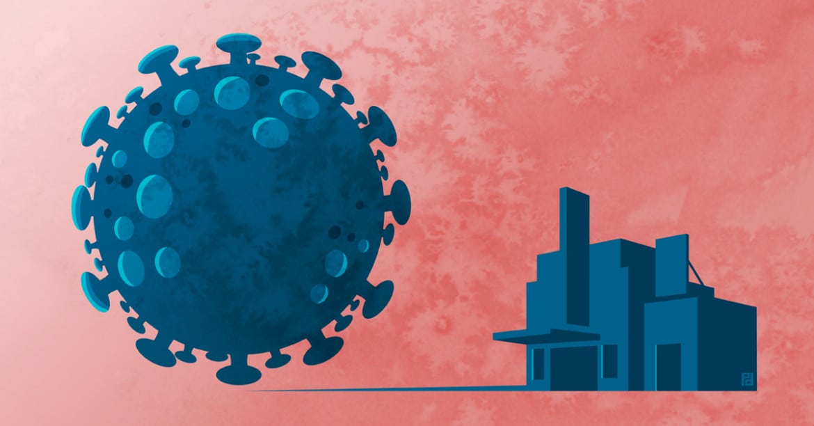 illustration of COVID-19 virus with a building
