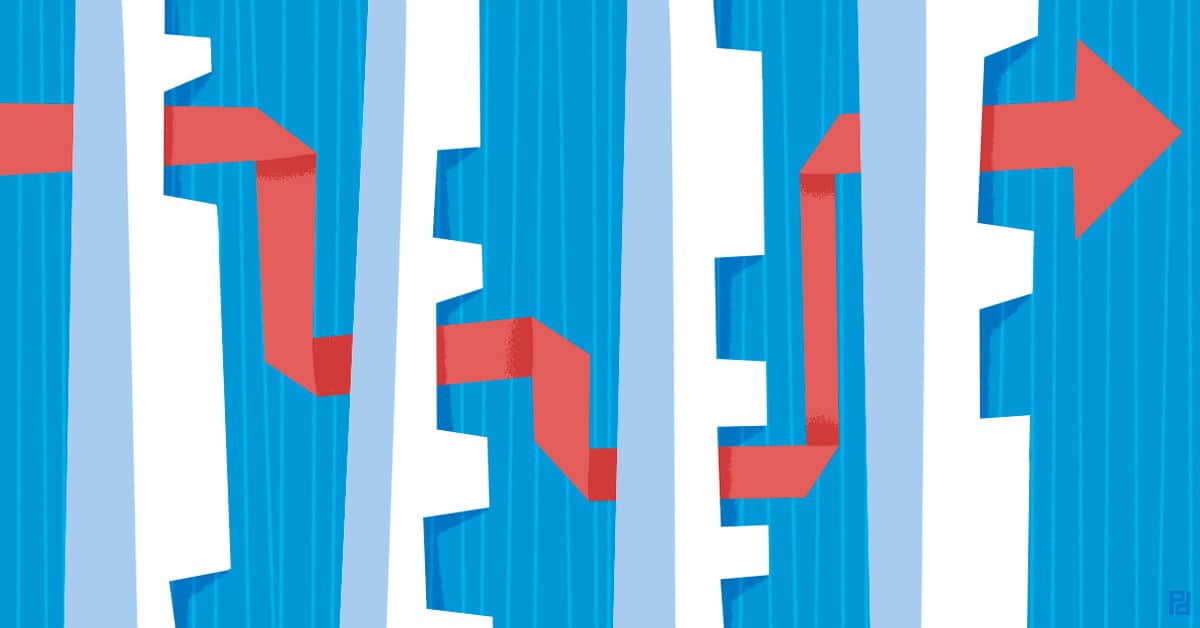 blue white and red illustration with arrow pointing right