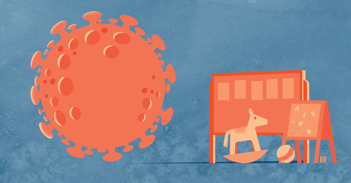 illustration of COVID-19 virus and kids toys