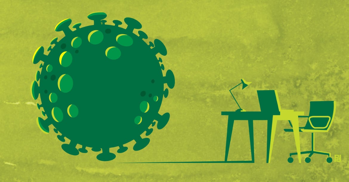 illustration of COVID-19 virus with a desk and chair