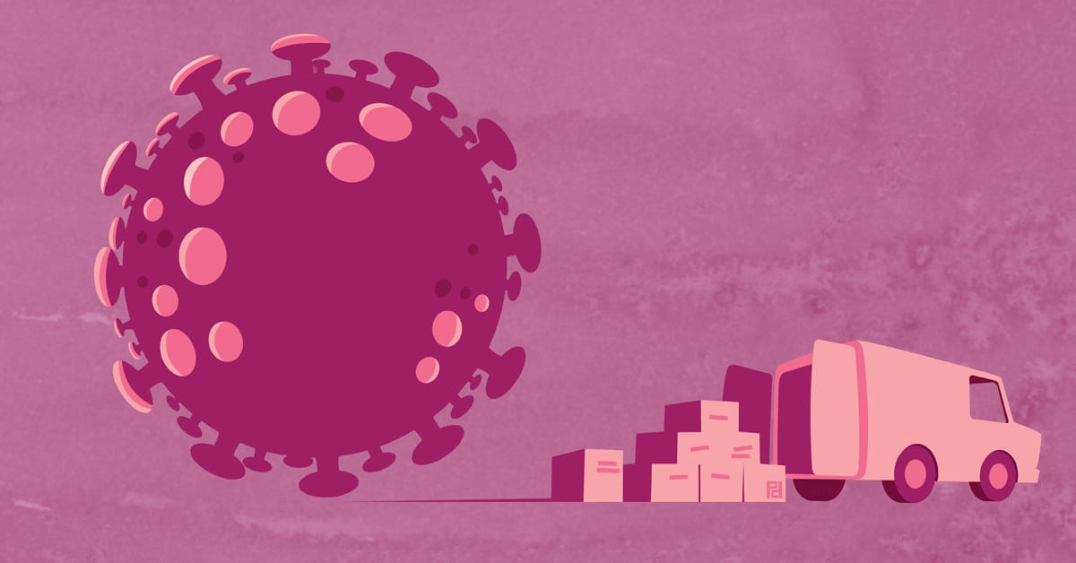 illustration of COVID-19 virus and moving truck