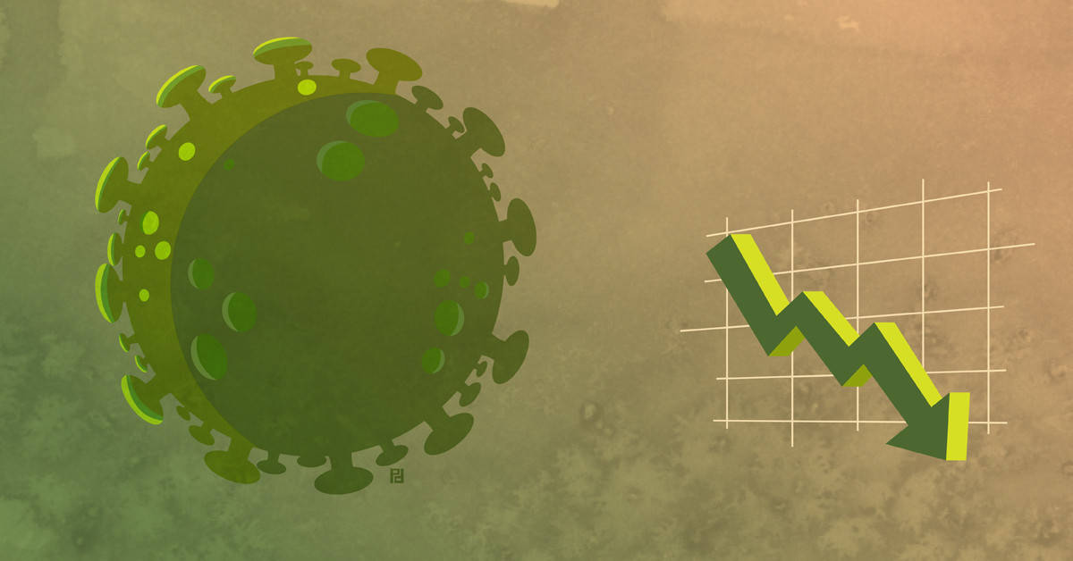 illustration of COVID-19 virus and downward arrow