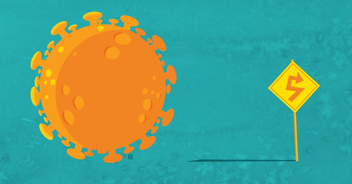 illustration of COVID-19 virus and a road sign