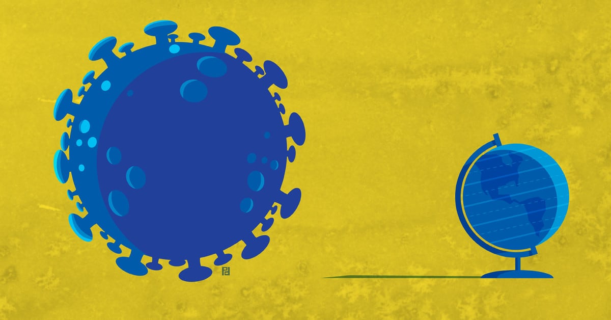illustration of COVID-19 virus and a globe