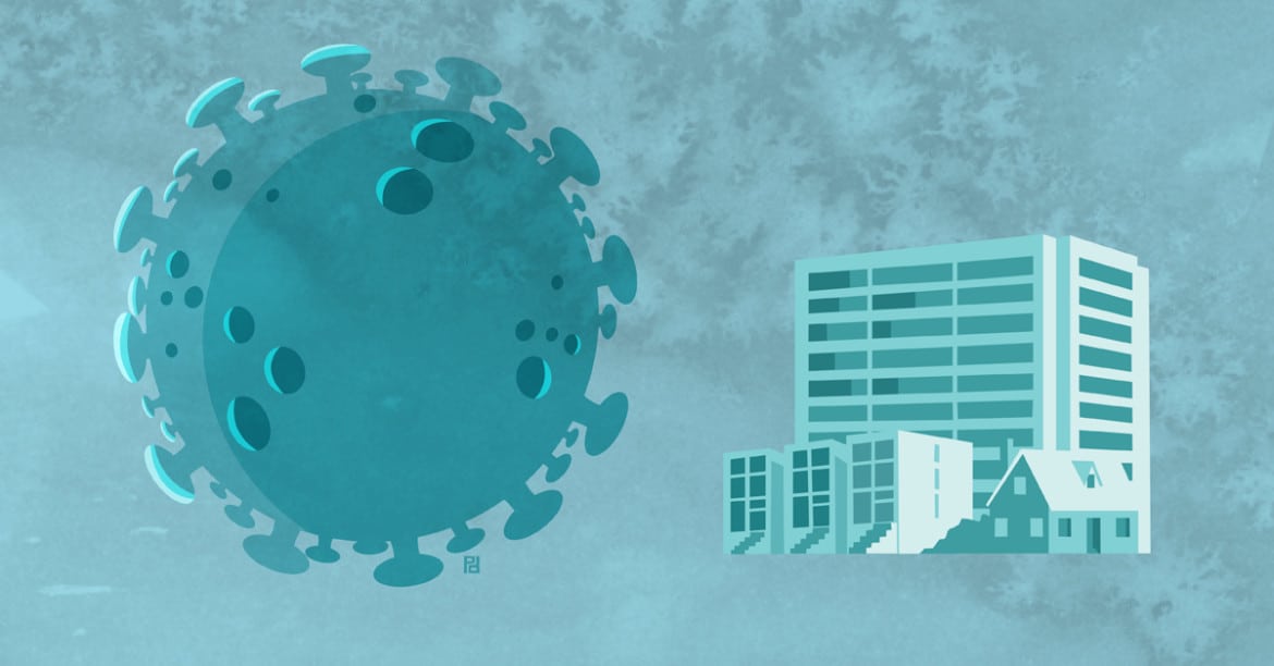illustration of COVID-19 virus and buildings