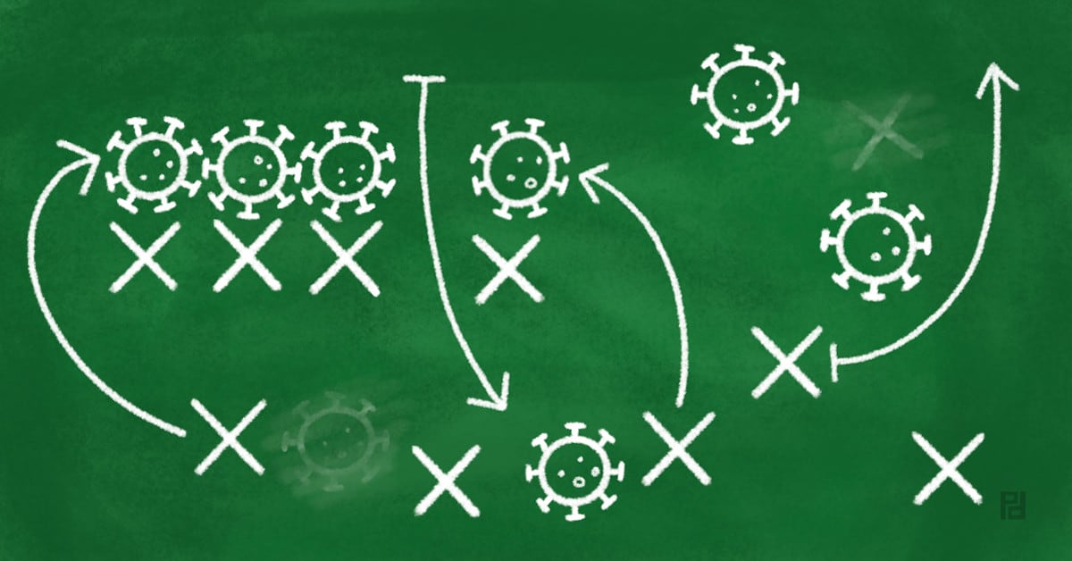 green and white illustration of sports strategy featuring COVID-19 viruses
