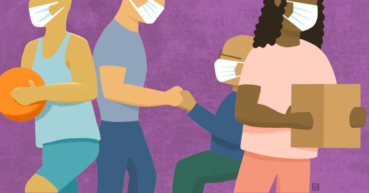 illustration of humans doing various things while wearing masks