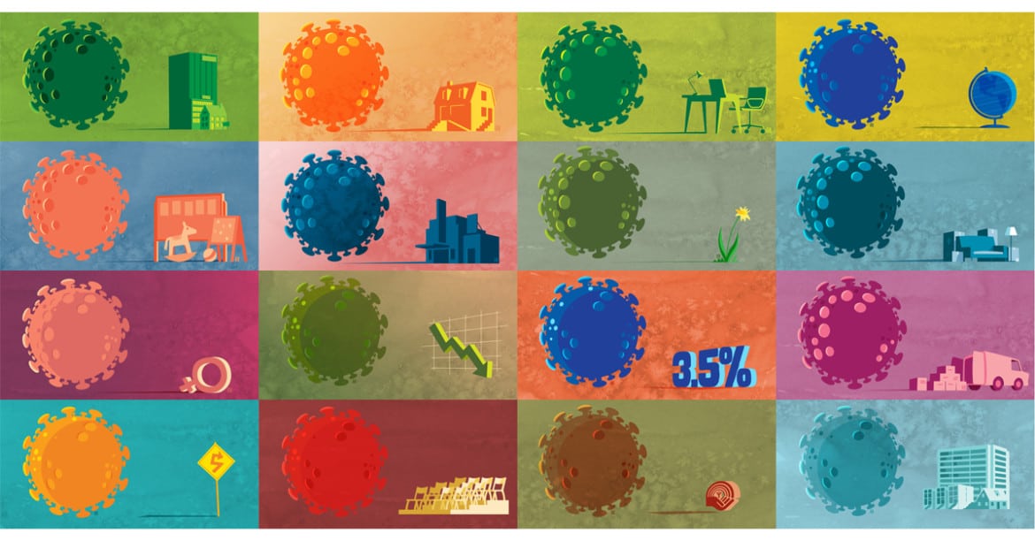 collage of 16 illustrations that feature the COVID-19 virus