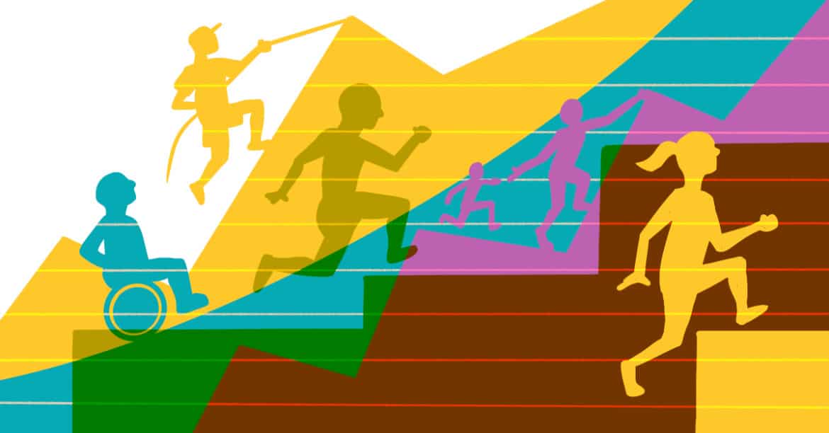 colourful illustration of various human silhouettes running and climing