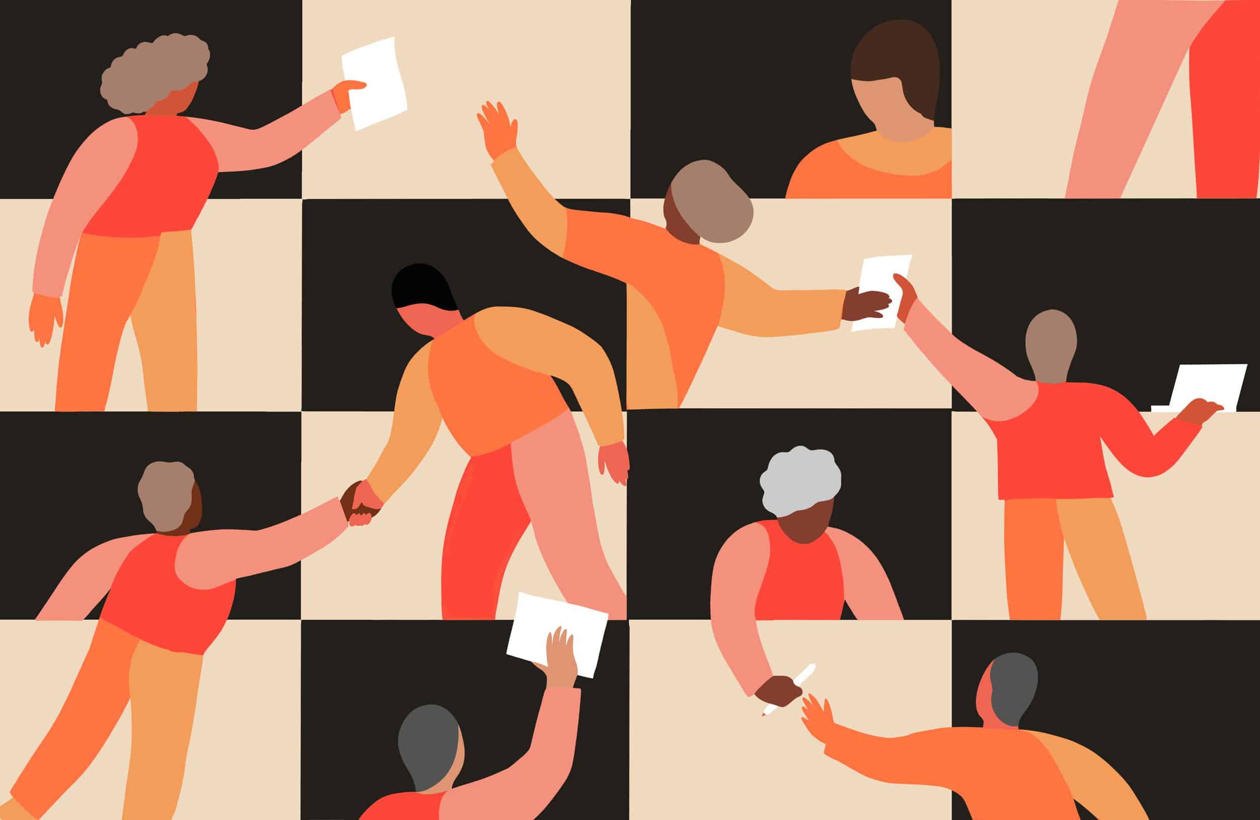 illustration of people passing papers to each other