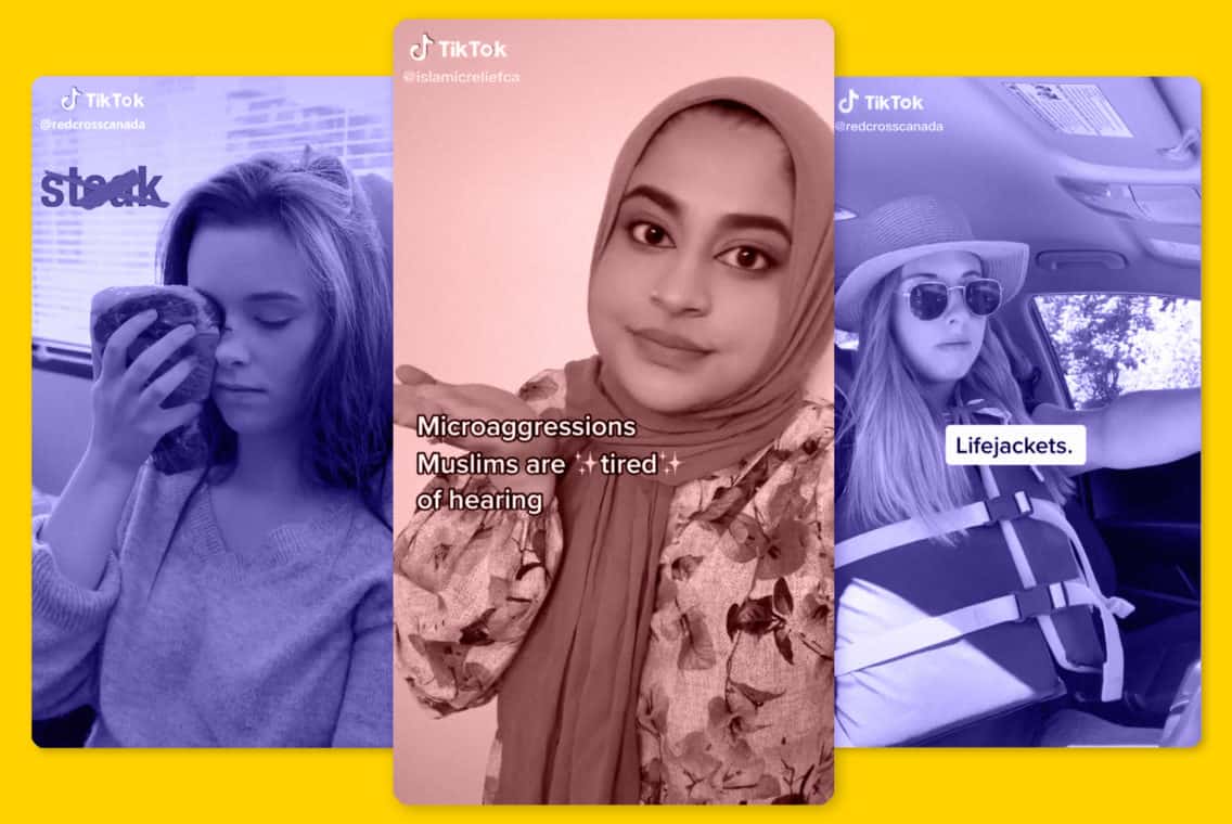 Snapshots of three TikTok videos. The centre snapshot shows a person motioning to the text, "Microaggressions Muslims are tired of hearing"