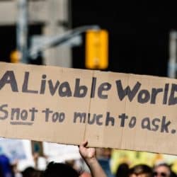 A person holding a poster that says "A Liveable World is not too much to ask."