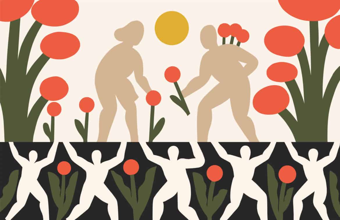 Illustration of people and plants caring for each other.
