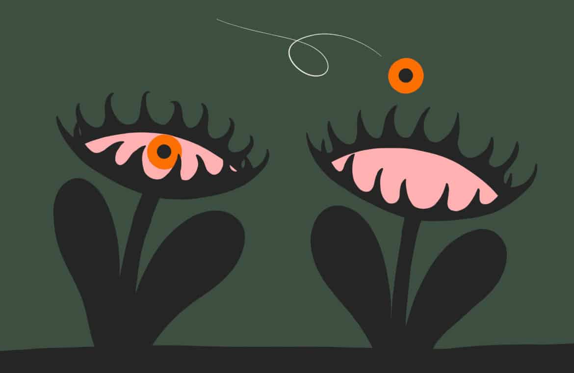 two abstract flowers that look like eyes, with one pupil floating above.