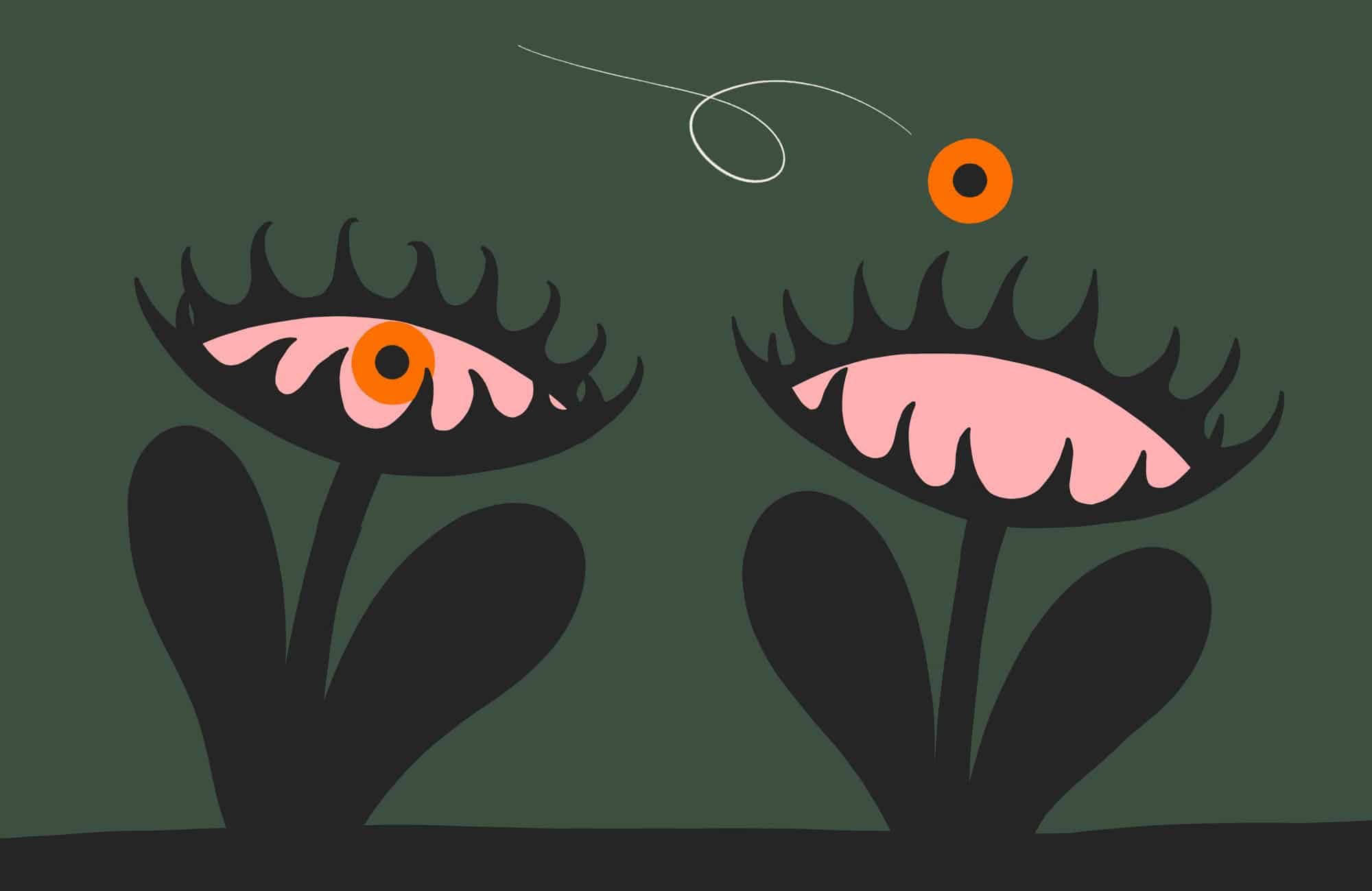 two abstract flowers that look like eyes, with one pupil floating above.