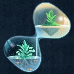illustration of an hourglass with plants inside suspended in space.