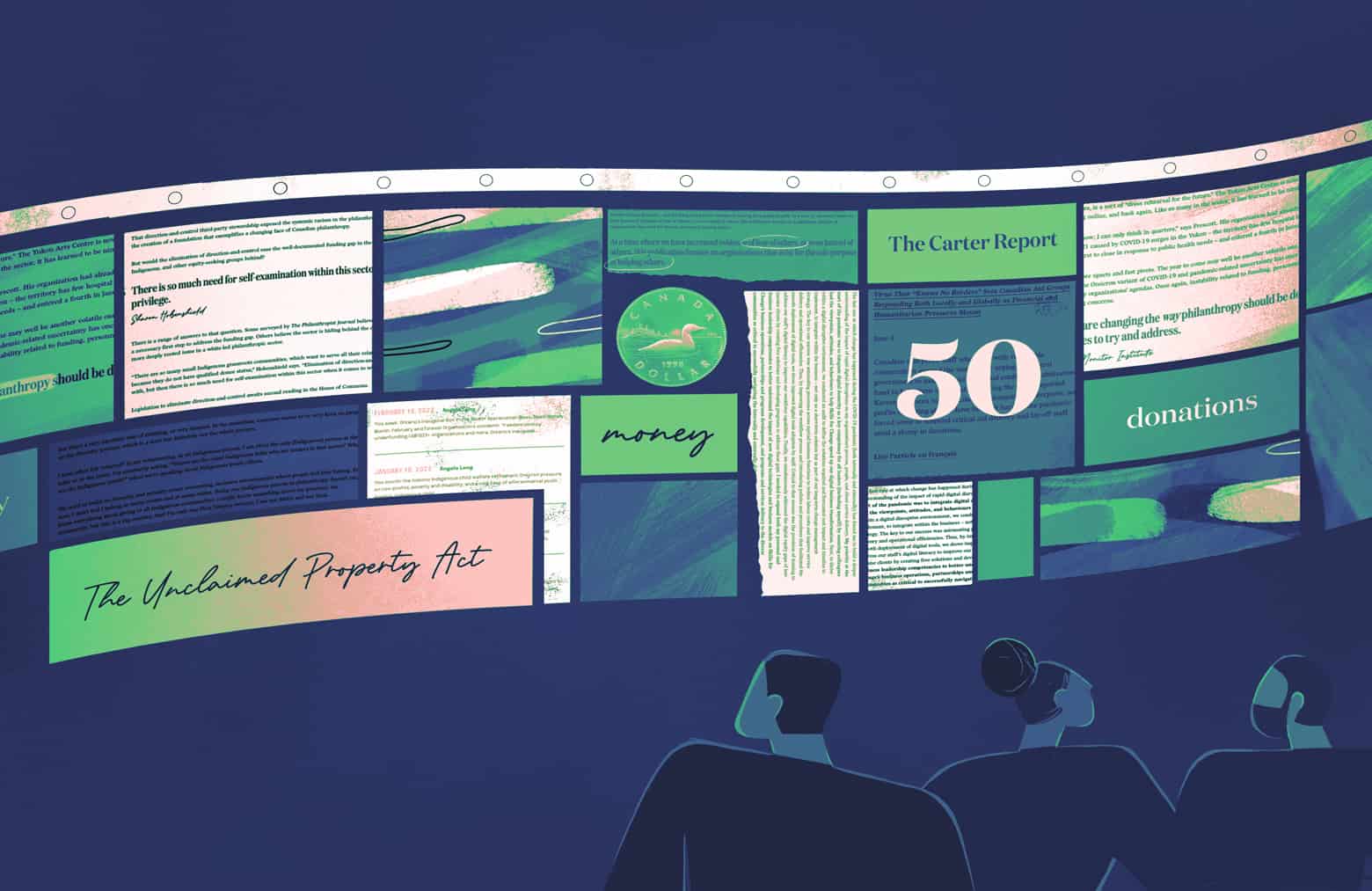 Three human figures looking at a banner of squares and rectangles of text. "The Unclaimed Property Act", "money", "The Carter Report", "50", and "donations" are legible.