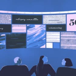 Three human figures looking at a banner of squares and rectangles of text. "Relations", "advisory committee", "volunteering", "50", and "giving" are legible.