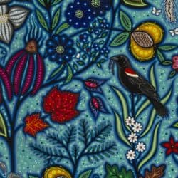 Colourful artwork that features flowers and a bird