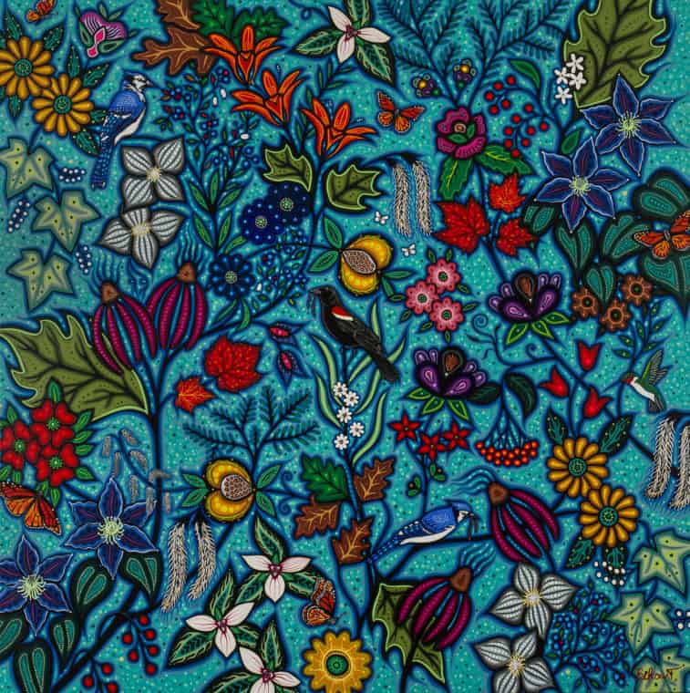 Colourful artwork that features flowers and a bird