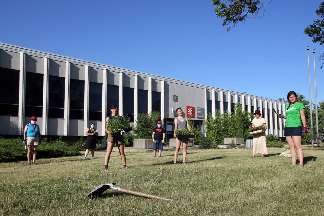 People spread out holding plants in containers in front of a Montreal municipal building