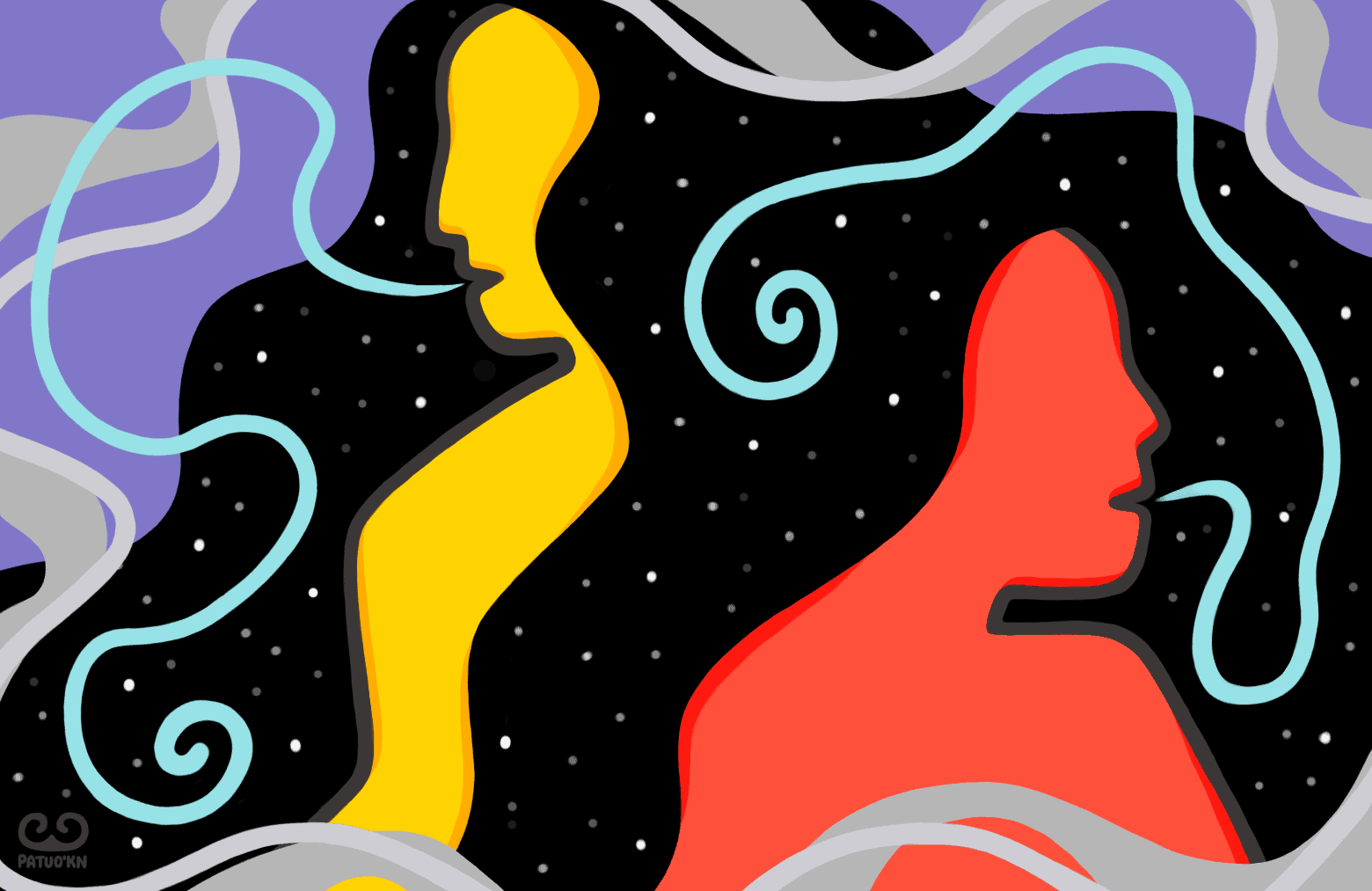 Conceptual illustration with two profiles of people with light blue spiralled lines coming out of their mouths.