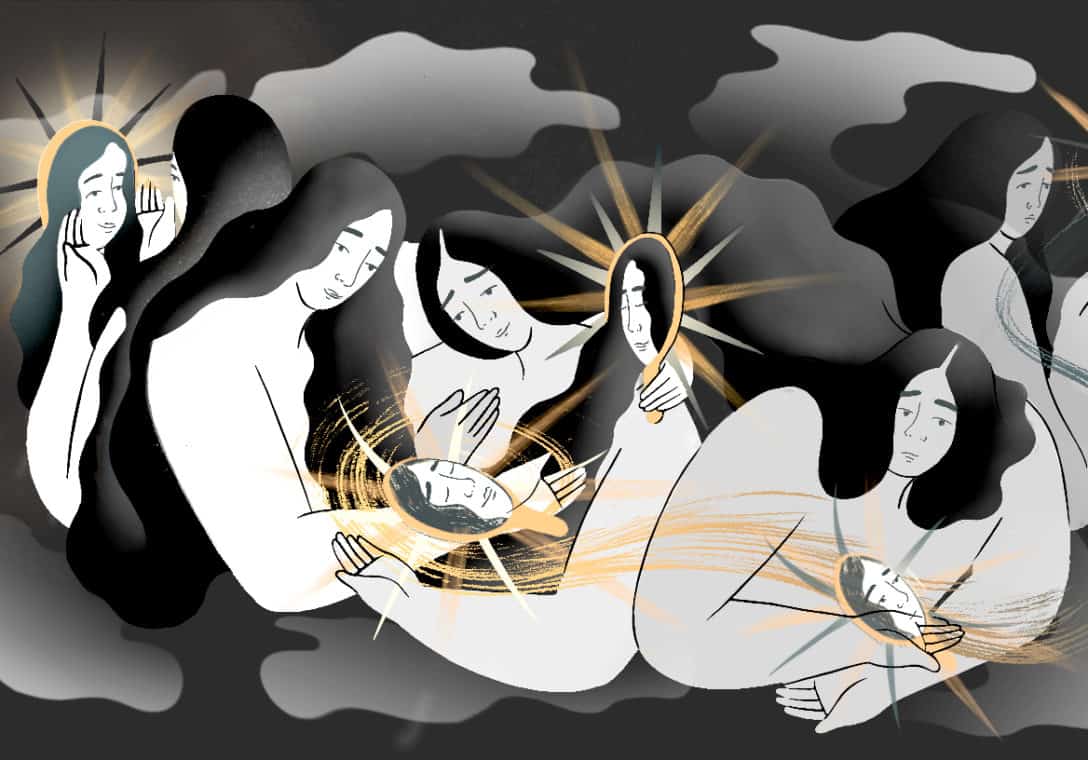 Black, white and gold illustration of five people with long hair looking into mirrors with faces reflected back to them.