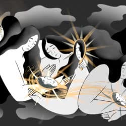 Black, white and gold illustration of five people with long hair looking into mirrors with faces reflected back to them.