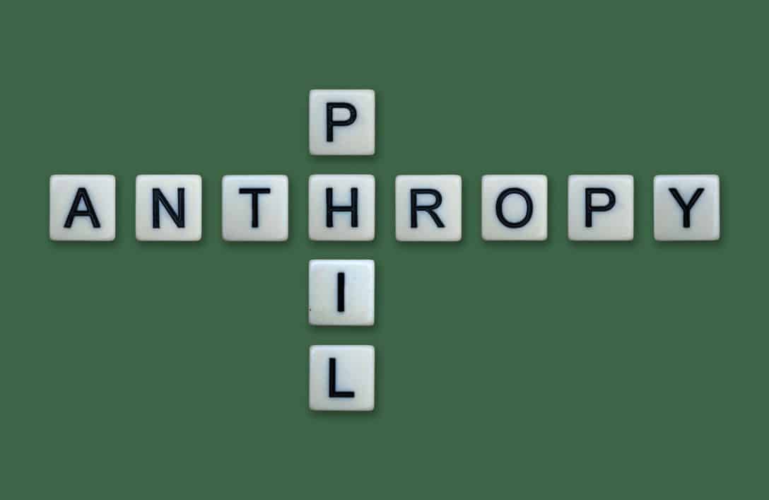 Lettered tiles that spell "philanthropy"