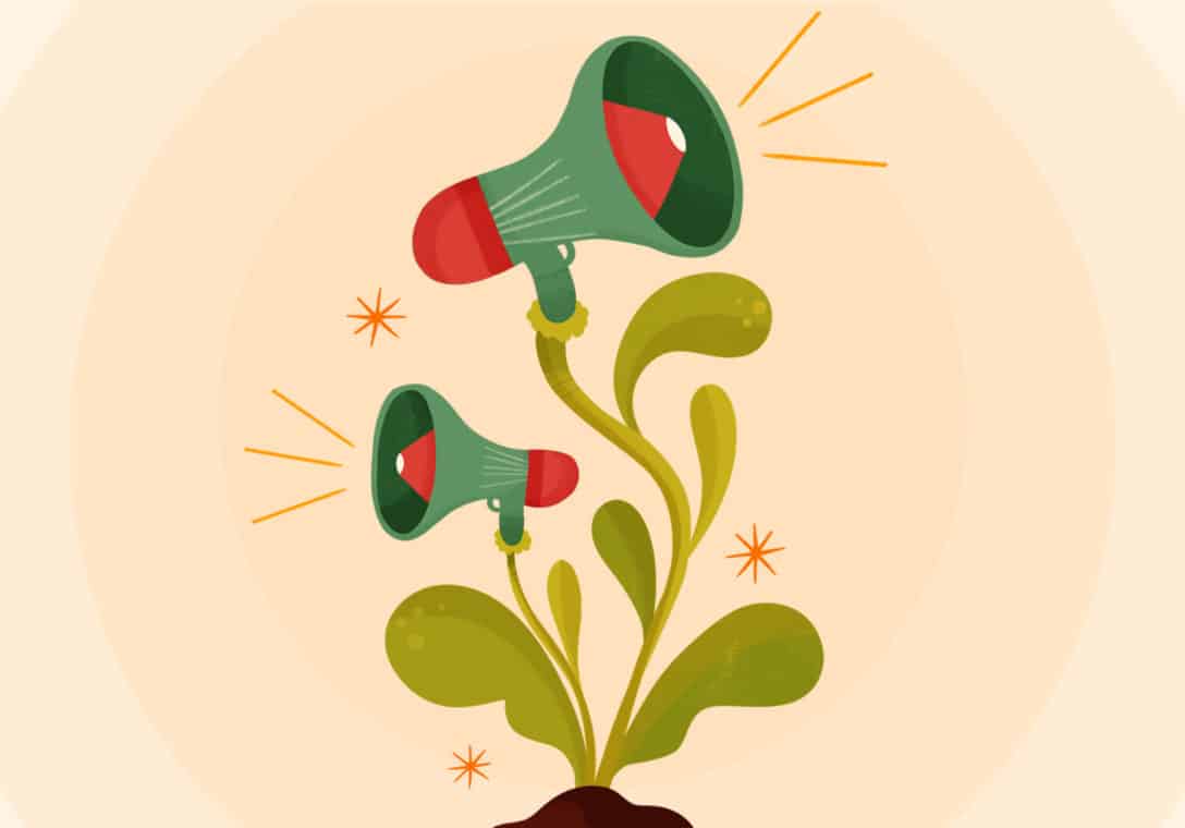 Illustration of two megaphones growing out of a plant.