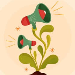Illustration of two megaphones growing out of a plant.