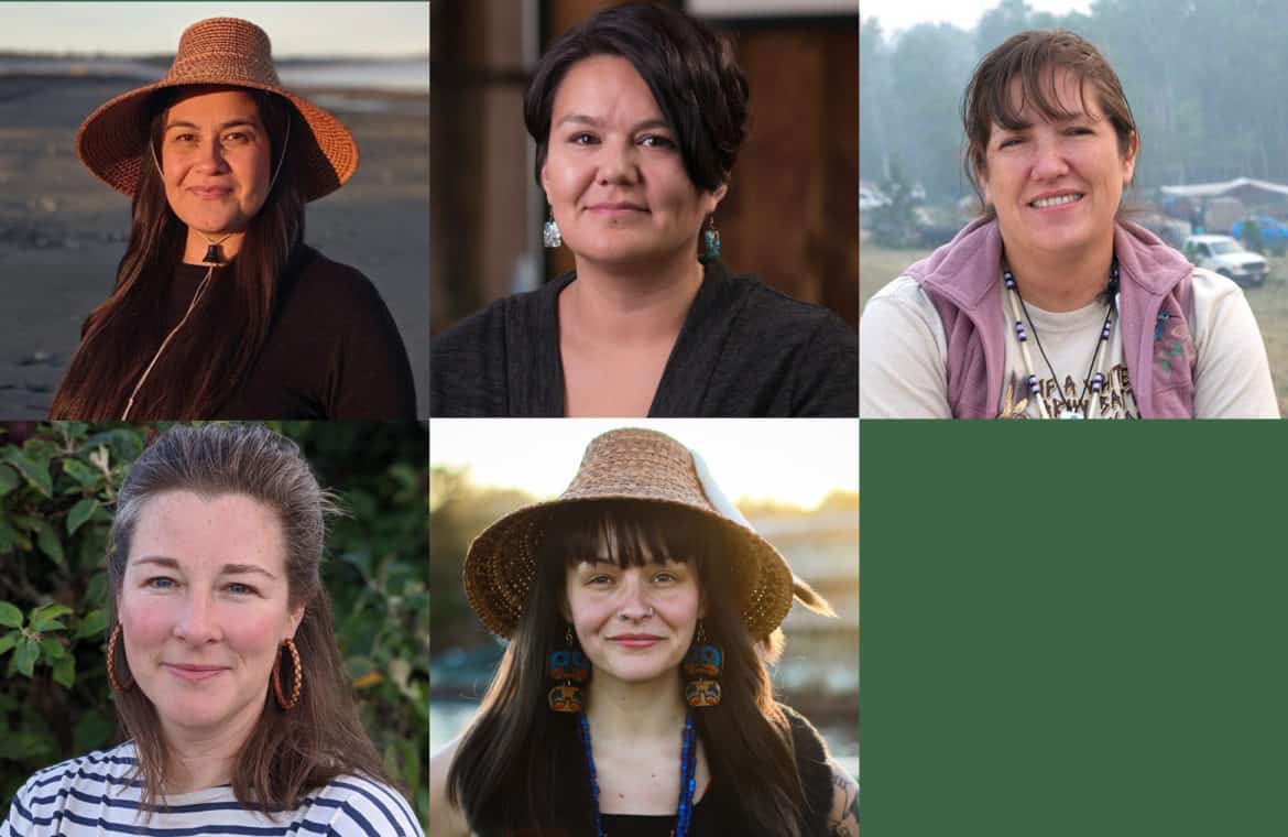 Profile pictures of the Right Relations Collaborative, from top left: Aunties K'aayhlt'aa Haanas (Valine Brown), Nuskmata (Jacinda Mack), and Marilyn Baptiste; co-leads Kim Hardy and 'Cúagilákv (Jess H̓áust̓i).