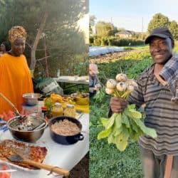 A collage of two photos. On the left is a person in front of a table of cooked dishes outside. On the right is someone holding freshing picked radishes or turnips in a field and smiling.