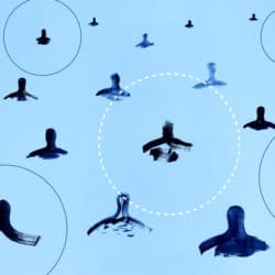An abstract illustration of a crowd of people standing apart with circles dividing people.