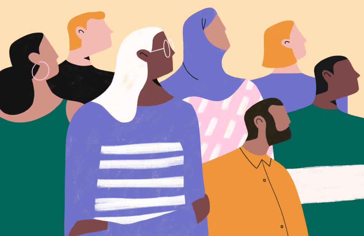Illustration of six people of different sizes and colours looking ahead.