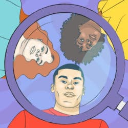 Illustration of three people looking down into a magnifying glass