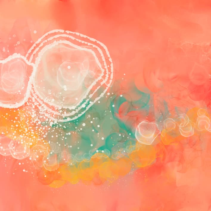 Vibrant abstract alcohol ink painting in cheerful pink, teal, white and yellow colours.