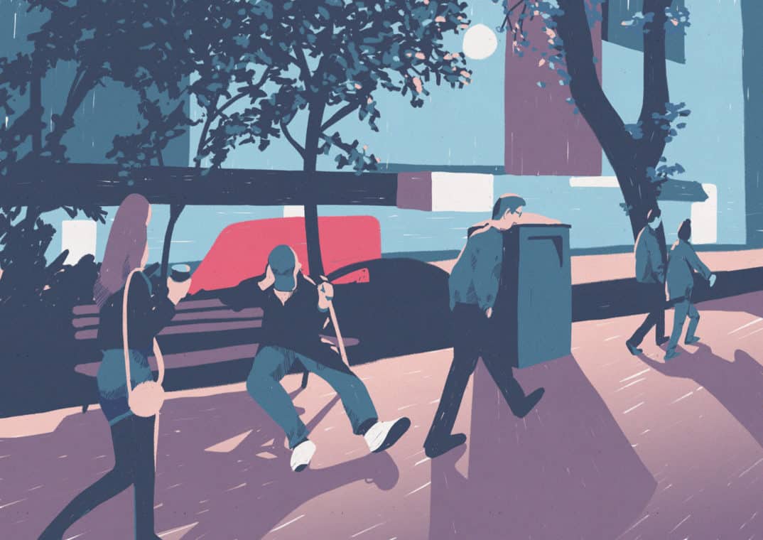Illustration of a sidewalk in the city. People walking, someone sitting on a bench.