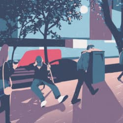 Illustration of a sidewalk in the city. People walking, someone sitting on a bench.