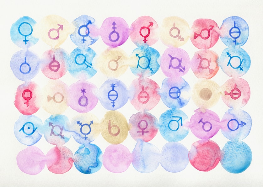 Watercolor hand painted collection of signs of different modern genders on pastel colour circles on white paper and line of empty circles.